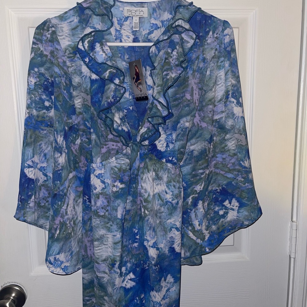 Sofia by Sofia Vergara Blue and Green Ruffled Dolman Sleeve Dress